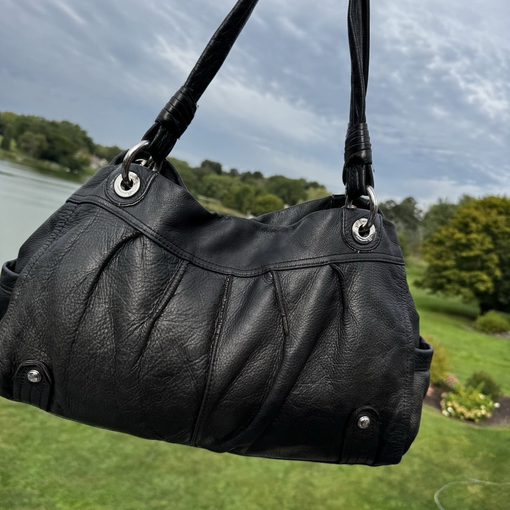 B. Makowsk Black Pebbled Shoulder Bag, Ruched Design Magnetic Closure, Pockets